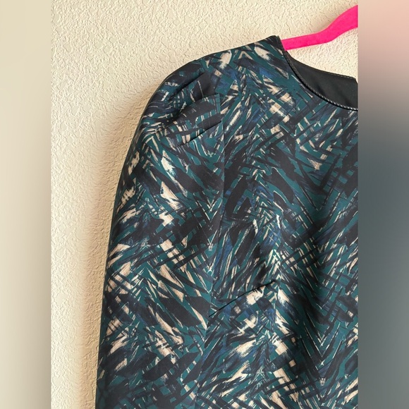 Donna Karan New York Dark Green Abstract Scuba Knit Leather Trim Sheath Dress 4 - Picture 5 of 13